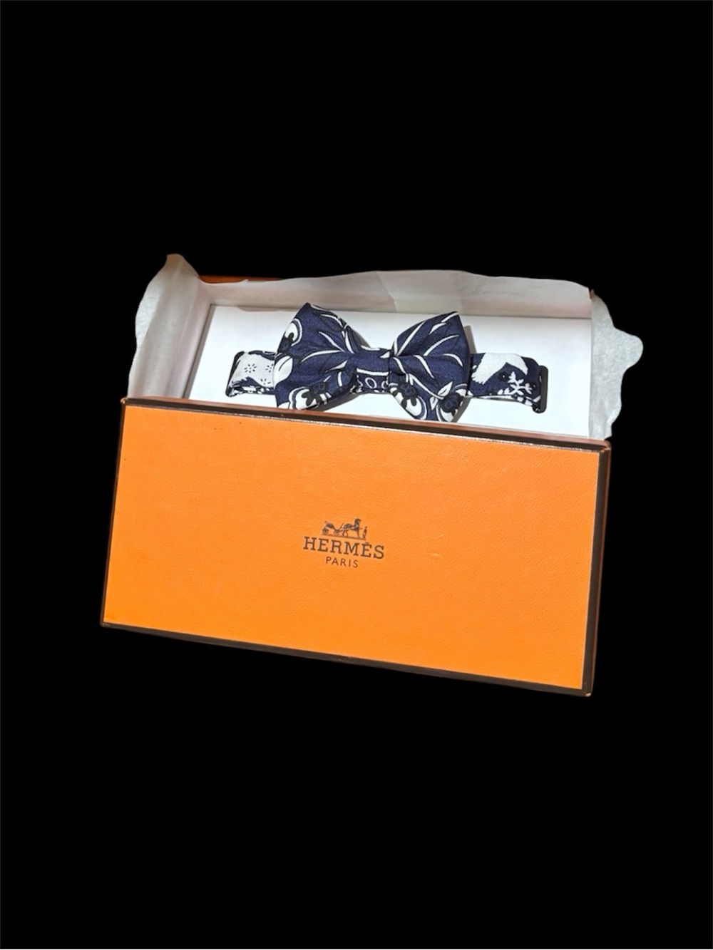 Hermes Navy Blue Printed Silk Bow Tie - SMALL